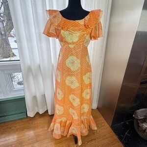 Vintage 1960s prairie dress, flutter sleeves, orange polka dots & floral, 4 (S)